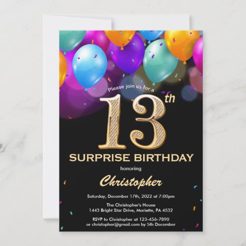 Surprise 13th Birthday Black and Gold Balloons Invitation