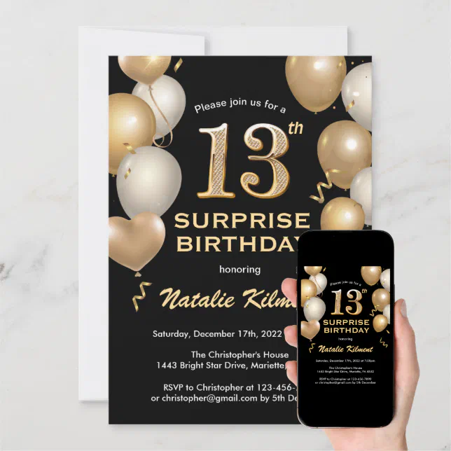 Surprise 13th Birthday Black and Gold Balloons Invitation | Zazzle