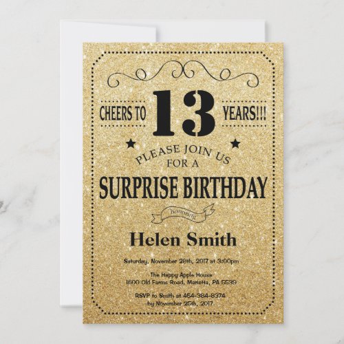 Surprise 13th Birthday Black and Gold Glitter Invitation