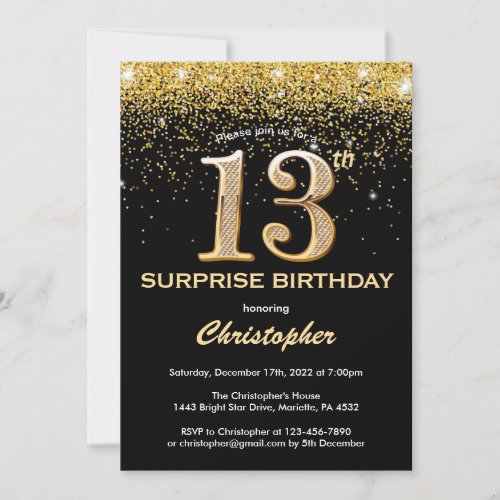 Surprise 13th Birthday Black and Gold Glitter Invitation