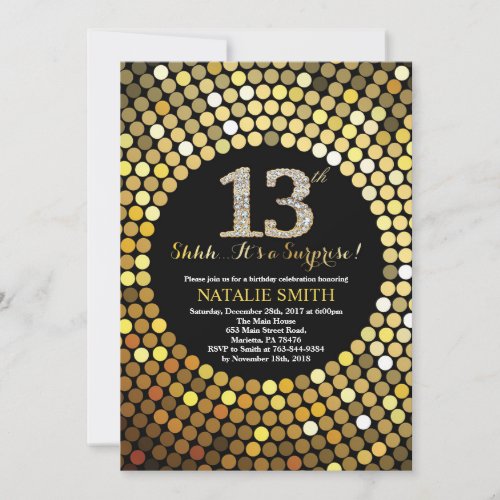Surprise 13th Birthday Black and Gold Glitter Invitation
