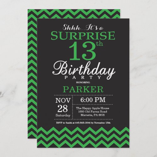 Surprise 13th Birthday Black and Green Chevron Invitation