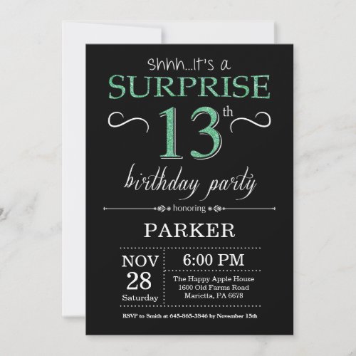 Surprise 13th Birthday Black and Green Glitter Invitation