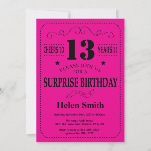 Surprise 13th Birthday Black and Hot Pink Invitation
