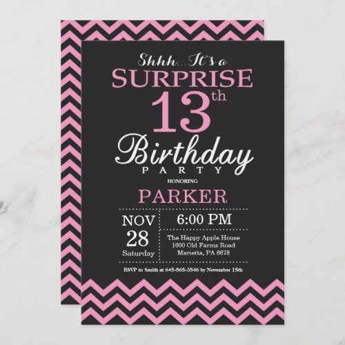 Surprise 13th Birthday Black and Pink Chevron Invitation