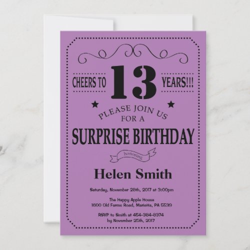 Surprise 13th Birthday Black and Purple Invitation