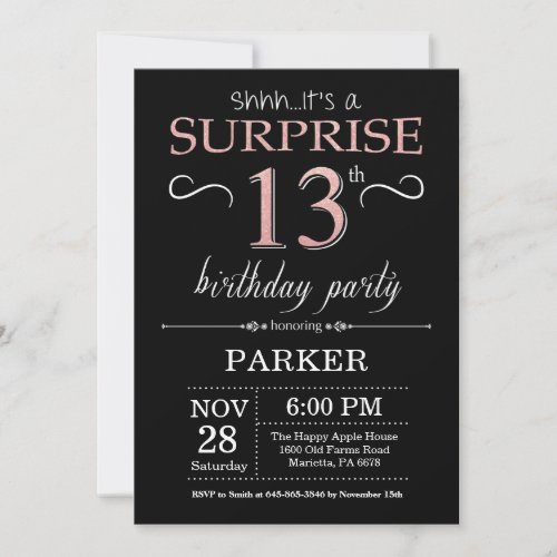 Surprise 13th Birthday Black and Rose Pink Gold Invitation