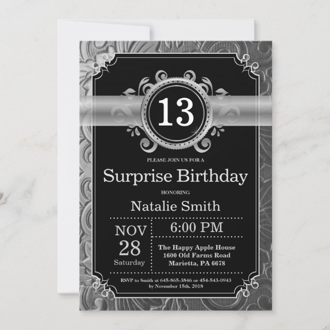 Surprise 13th Birthday Black and Silver Glitter Invitation (Front)