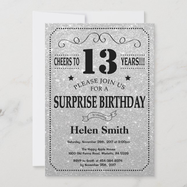 Surprise 13th Birthday Black and Silver Glitter Invitation (Front)