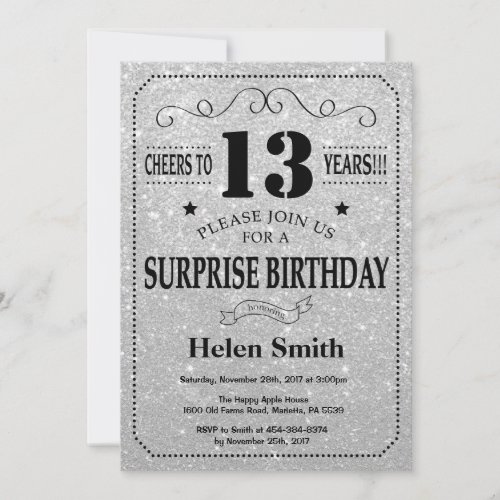 Surprise 13th Birthday Black and Silver Glitter Invitation