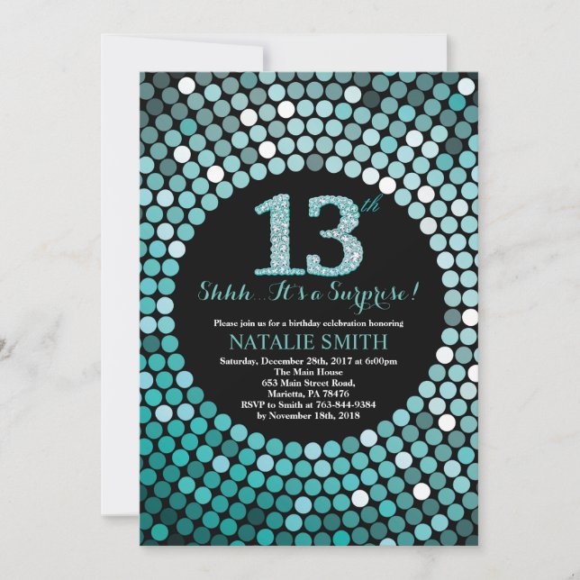 Surprise 13th Birthday Black and Teal Glitter Invitation (Front)