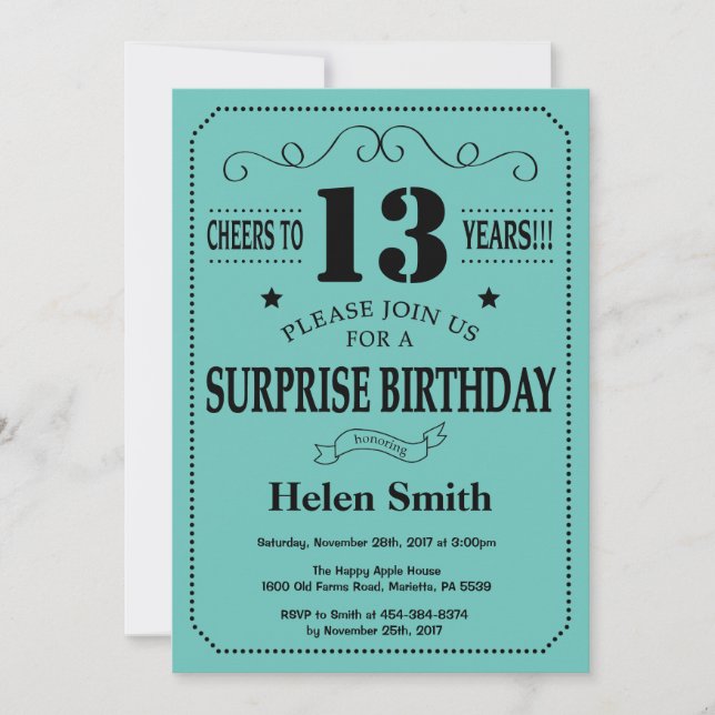 Surprise 13th Birthday Black and Teal Invitation (Front)