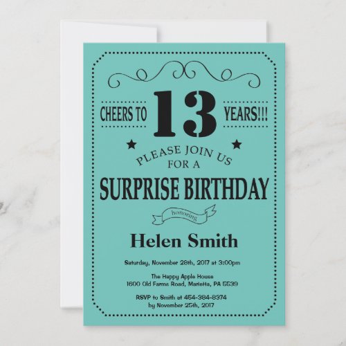 Surprise 13th Birthday Black and Teal Invitation