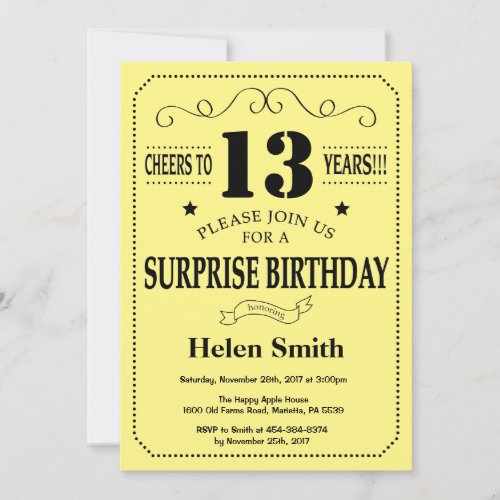 Surprise 13th Birthday Black and Yellow Invitation