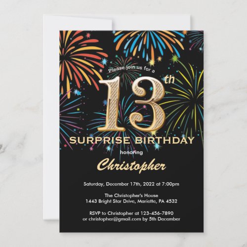 Surprise 13th Birthday Black Gold Rainbow Firework Invitation