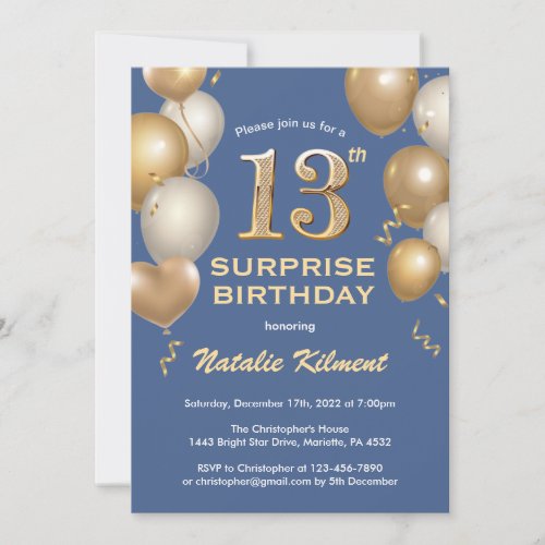 Surprise 13th Birthday Blue and Gold Balloons Invitation