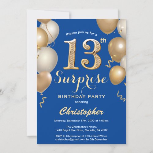 Surprise 13th Birthday Blue and Gold Balloons Invitation