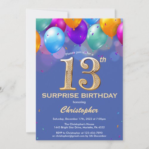 Surprise 13th Birthday Blue and Gold Balloons Invitation