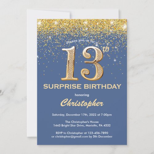 Surprise 13th Birthday Blue and Gold Glitter Invitation