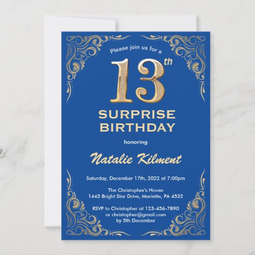 Surprise 13th Birthday Blue and Gold Glitter Invitation
