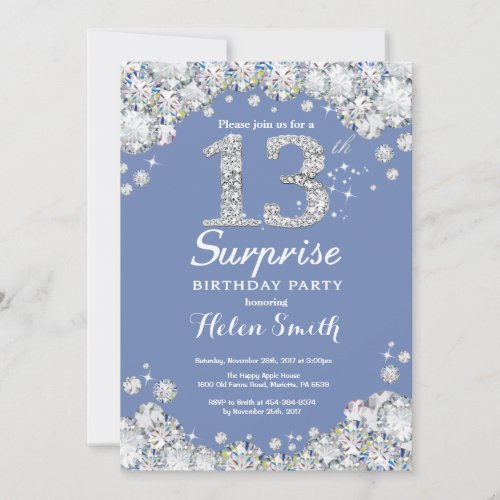 Surprise 13th Birthday Blue Silver Diamond Invitation