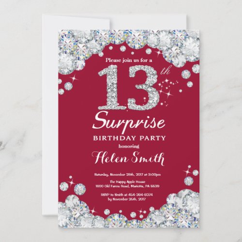 Surprise 13th Birthday Burgundy Red Silver Diamond Invitation