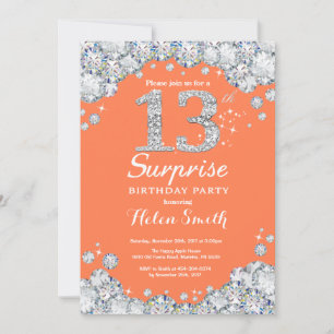 Surprise 13th Birthday Coral and Silver Diamond Invitation