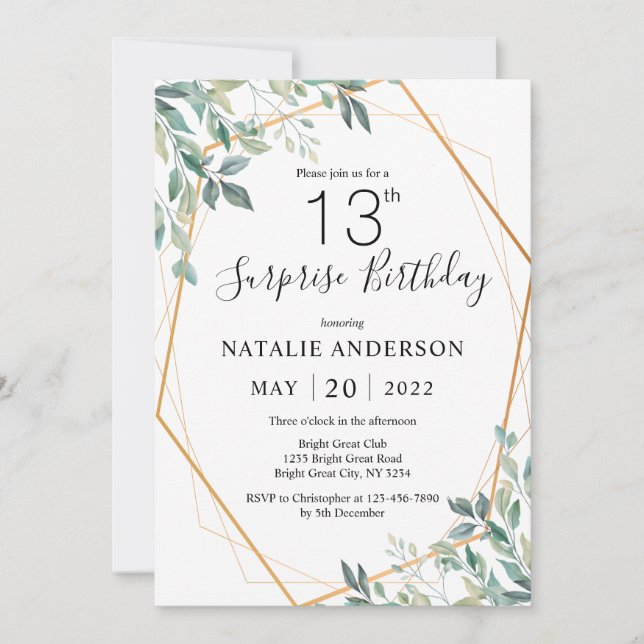 Surprise 13th Birthday Eucalyptus Greenery & Gold Invitation (Front)