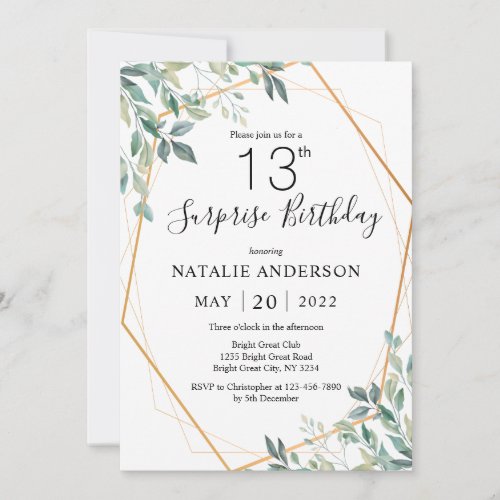 Surprise 13th Birthday Eucalyptus Greenery  Gold Invitation