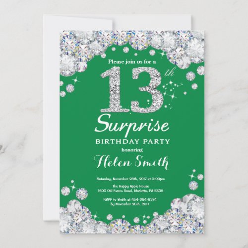 Surprise 13th Birthday Green and Silver Diamond Invitation