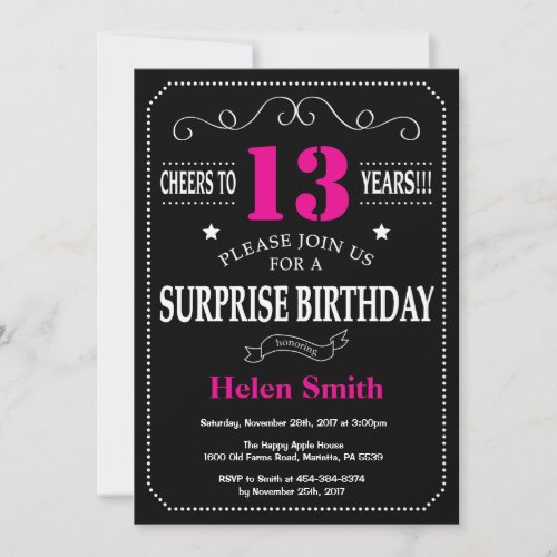 Surprise 13th Birthday Hot Pink and Black Invitation