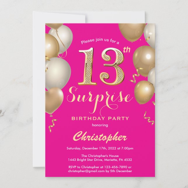 Surprise 13th Birthday Hot Pink and Gold Balloons Invitation (Front)