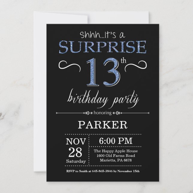 Surprise 13th Birthday Invitation Black and Blue (Front)