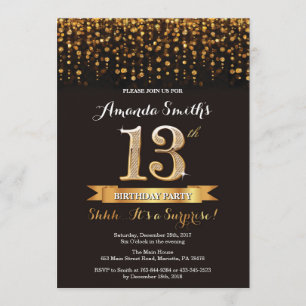 Surprise 13th Birthday Invitation Black and Gold