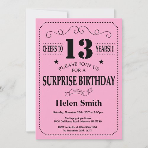 Surprise 13th Birthday Invitation Black and Pink