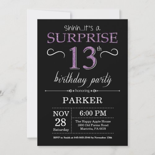 Surprise 13th Birthday Invitation Black and Purple