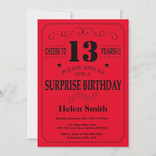 Surprise 13th Birthday Invitation Black and Red