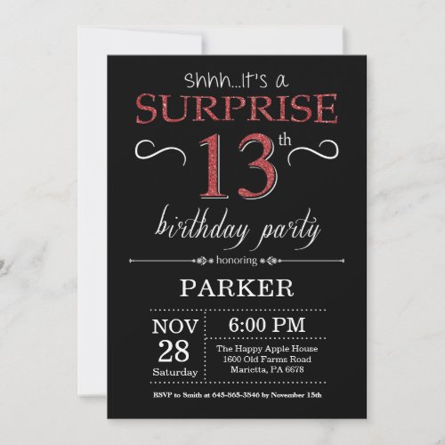 Surprise 13th Birthday Invitation Black and Red