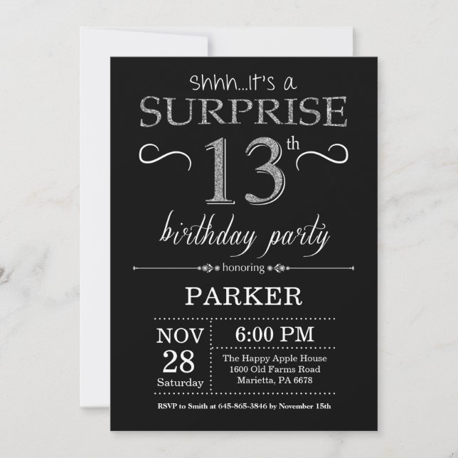 Surprise 13th Birthday Invitation Black and Silver (Front)