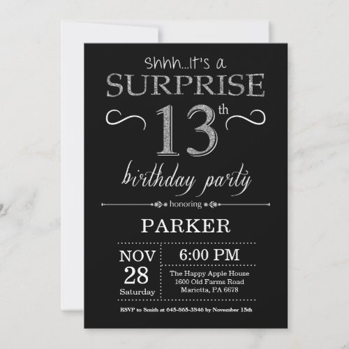 Surprise 13th Birthday Invitation Black and Silver