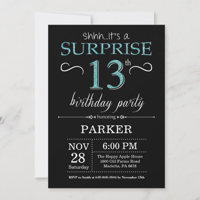 Surprise 13th Birthday Invitation Black and Teal (Front)