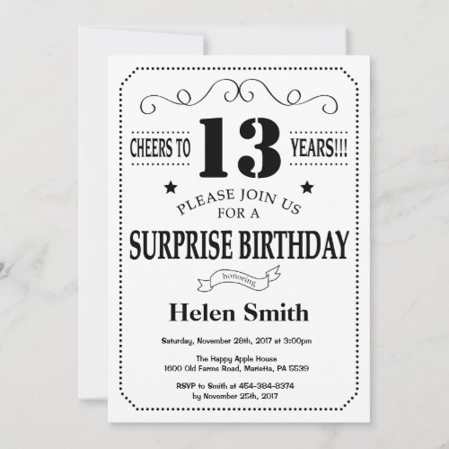 Surprise 13th Birthday Invitation Black and White