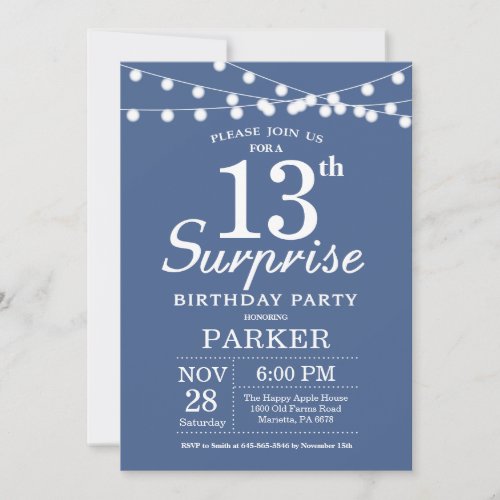 Surprise 13th Birthday Invitation Blue
