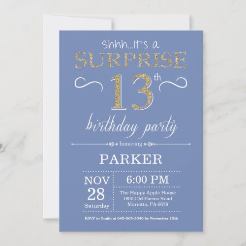Surprise 13th Birthday Invitation Blue and Gold