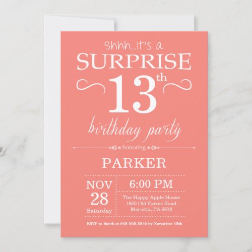 Surprise 13th Birthday Invitation Coral