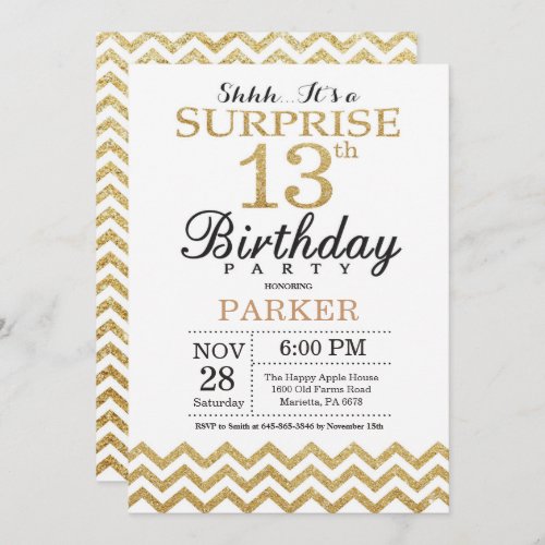 Surprise 13th Birthday Invitation Gold Glitter