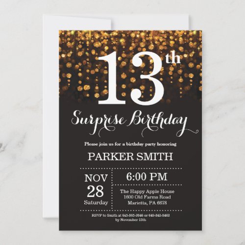 Surprise 13th Birthday Invitation Gold Glitter