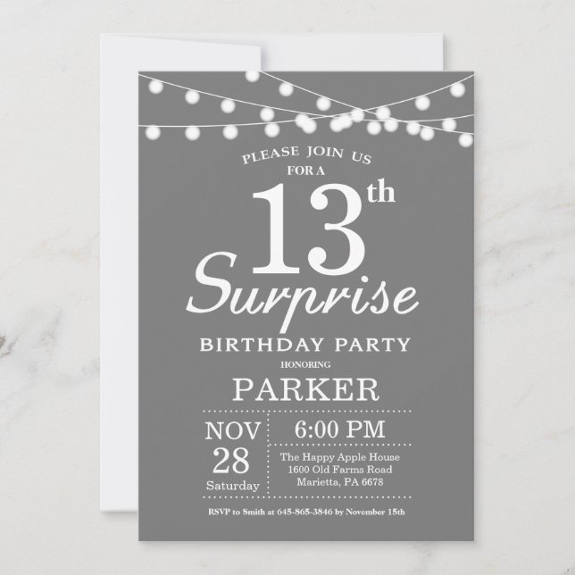 Surprise 13th Birthday Invitation Gray and White (Front)