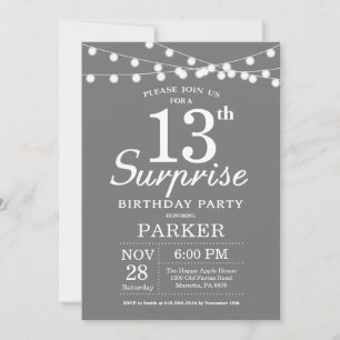 Surprise 13th Birthday Invitation Gray and White