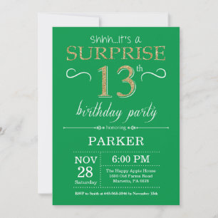 Surprise 13th Birthday Invitation Green and Gold